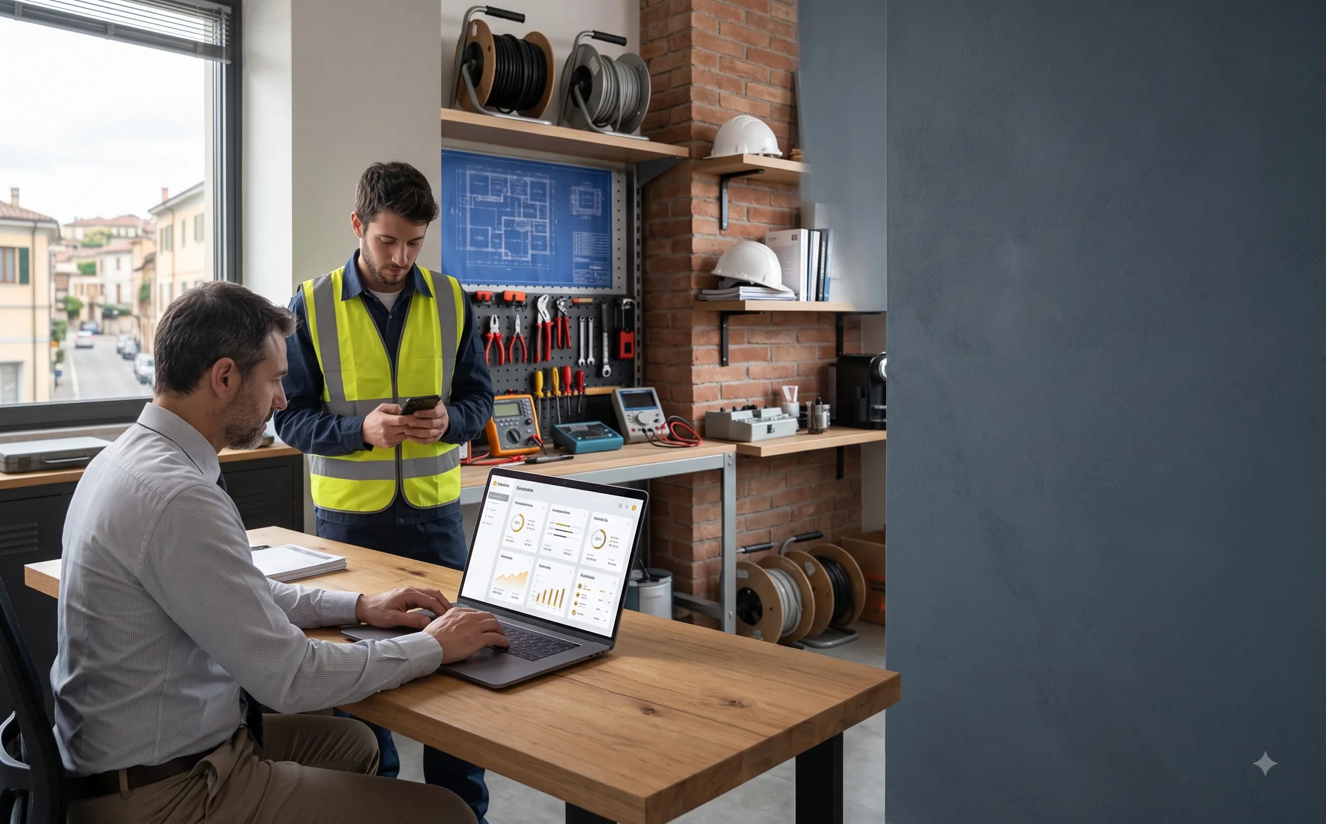 Ufficio di azienda elettrica che usa Elettrax su laptop e smartphone