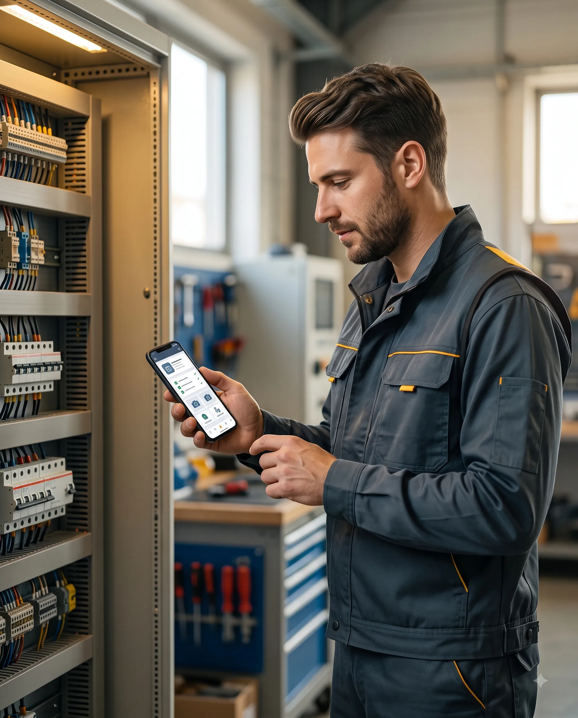 Tecnico elettricista che usa app mobile Elettrax davanti a quadro elettrico